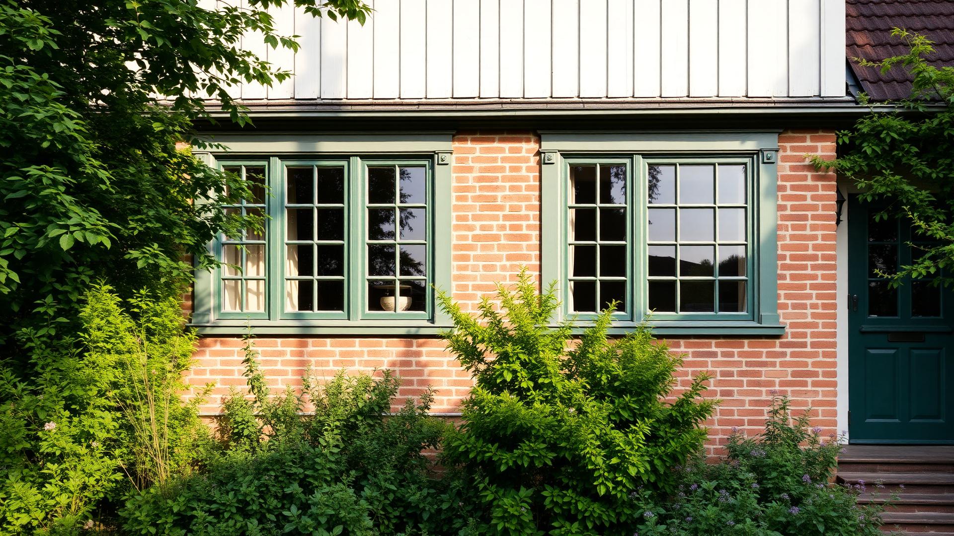 Fasad på ett äldre skånskt hus med restaurerade fönster